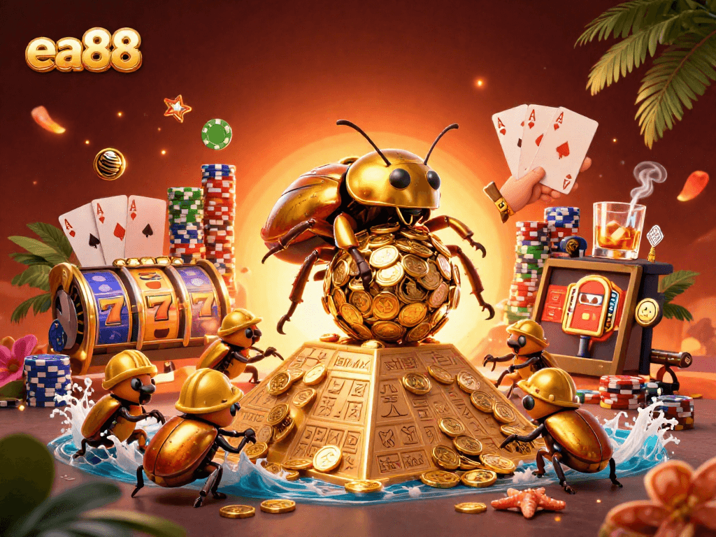 Experience the excitement of ea88 with a golden dung beetle rolling jackpot coins amidst vibrant casino elements.