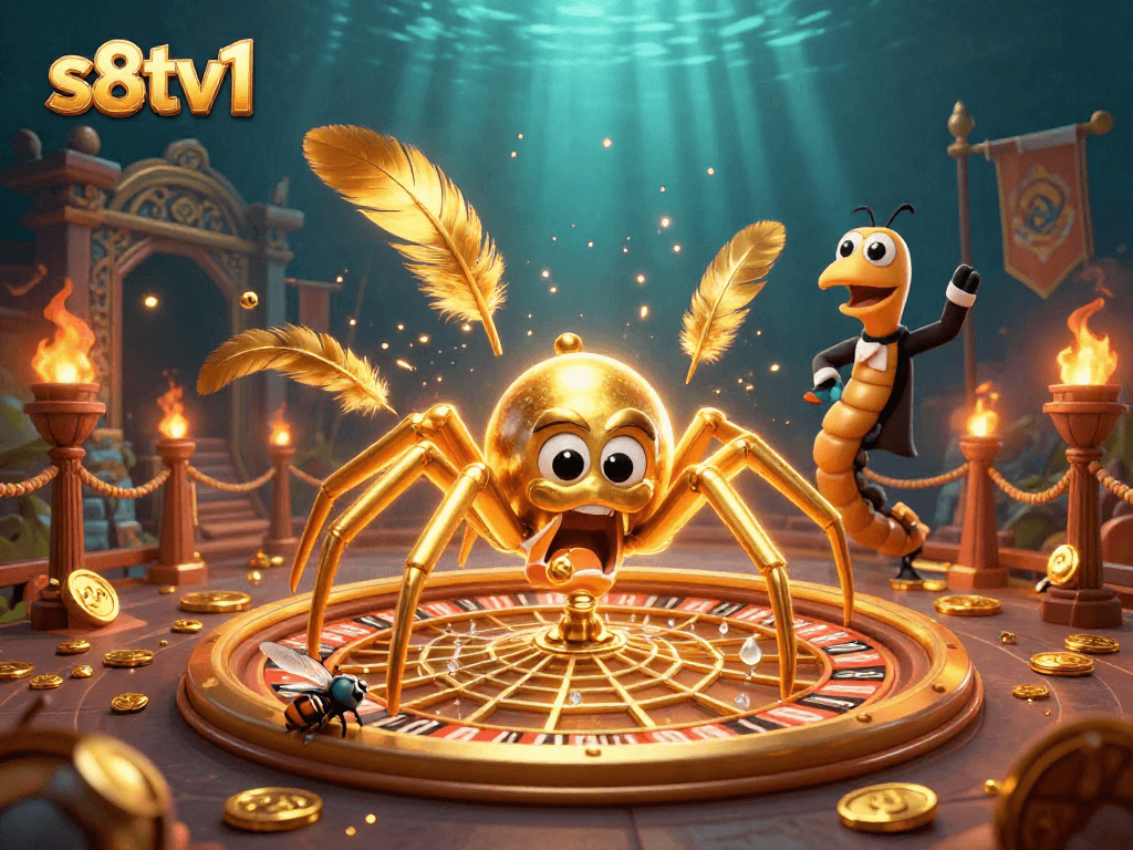 Experience thrilling bets with s8tv1 as a golden spider spins a roulette-themed web in a vibrant casino realm.