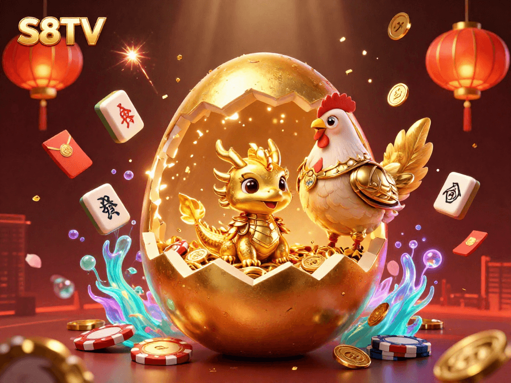 S8TV captivates players with a golden dragon emerging from poker chips amid a vibrant casino scene.