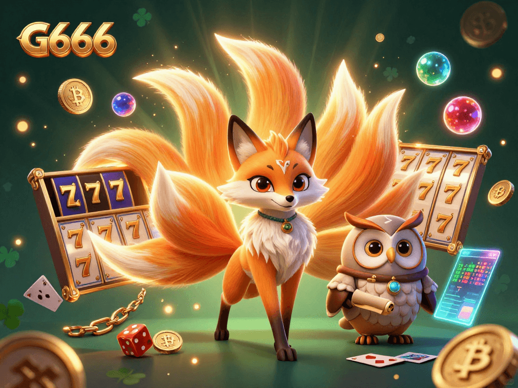 Engage in thrilling gameplay at G666 with a vibrant scene featuring a colorful fox and wise owl.