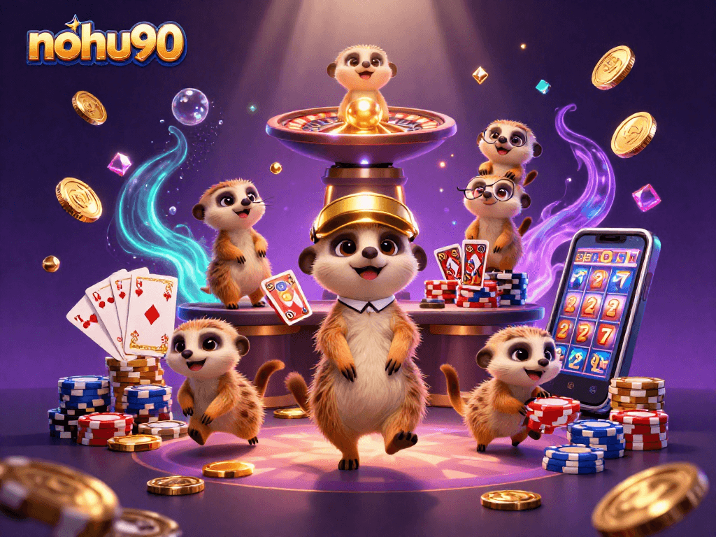 Experience nohu90 in a vibrant casino with meerkats and exciting gaming action.