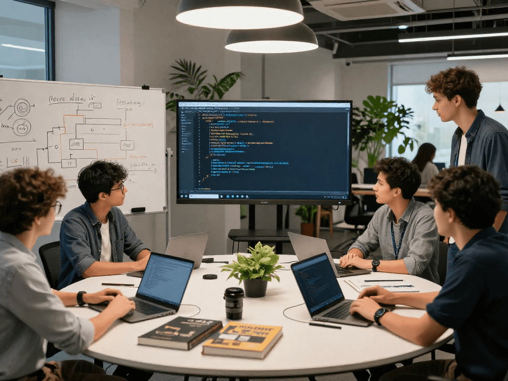 Team collaborating on crush ai projects in a vibrant tech workspace.