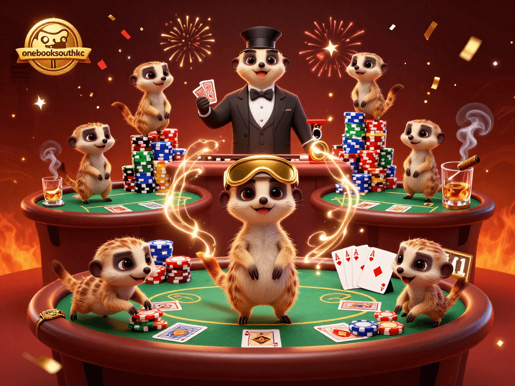 Experience the excitement of oneblocksouthkc with playful meerkats in a vibrant casino scene.