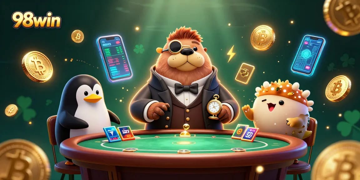 Engage in thrilling games at 98win featuring a poker scene with clever characters.