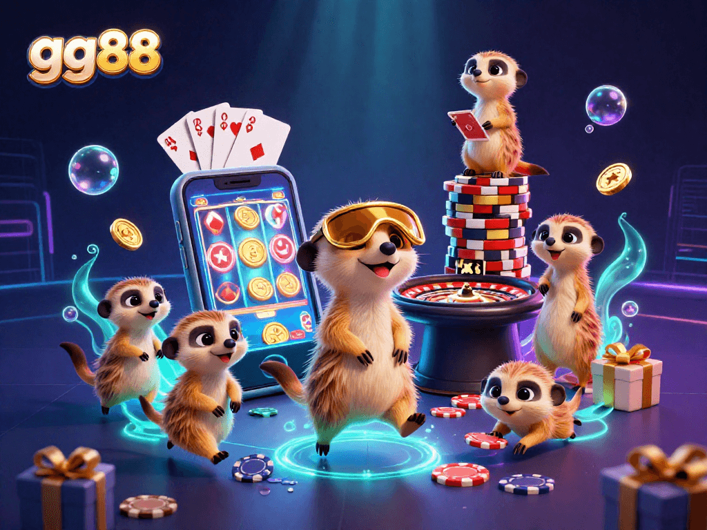 Engage with gg88's vibrant gaming scene featuring meerkats in a busy casino, emphasizing excitement and fun.