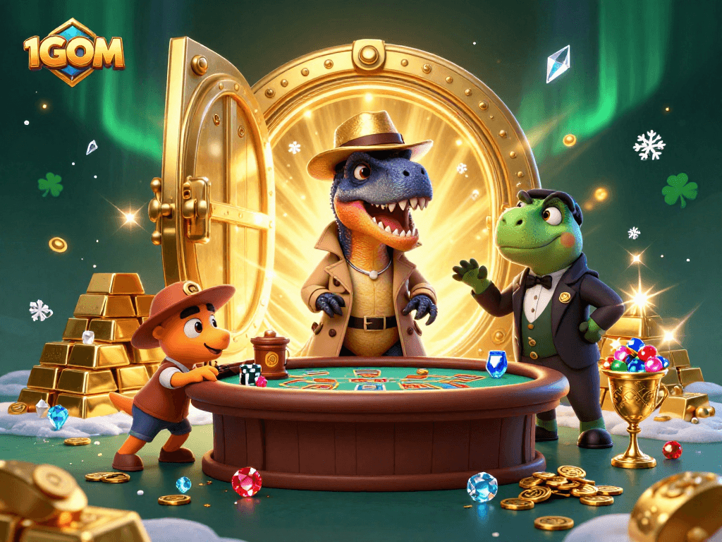 1GOM velociraptor card counter at a blackjack table with treasure elements highlighting winning strategy.