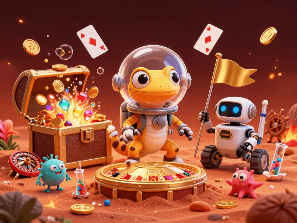 Experience ae88 đăng nhập at a vibrant Martian casino scene with explosive treasures and exciting gaming elements.