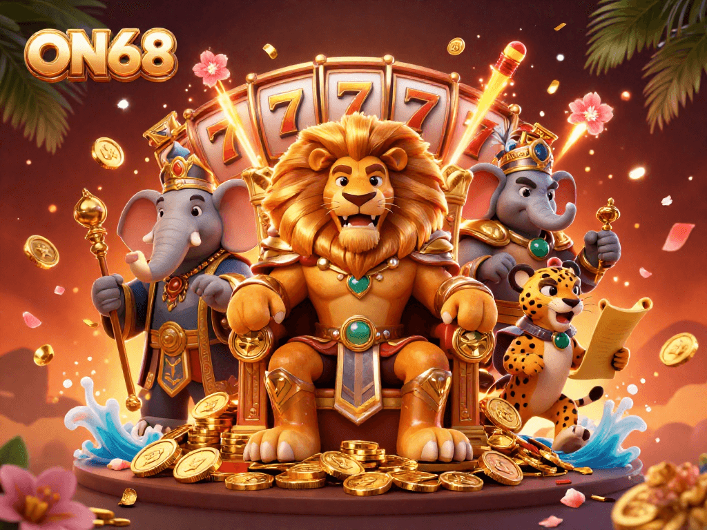 Experience the excitement at ON68 with slots, jackpots, and 3D characters in a vibrant casino setting.