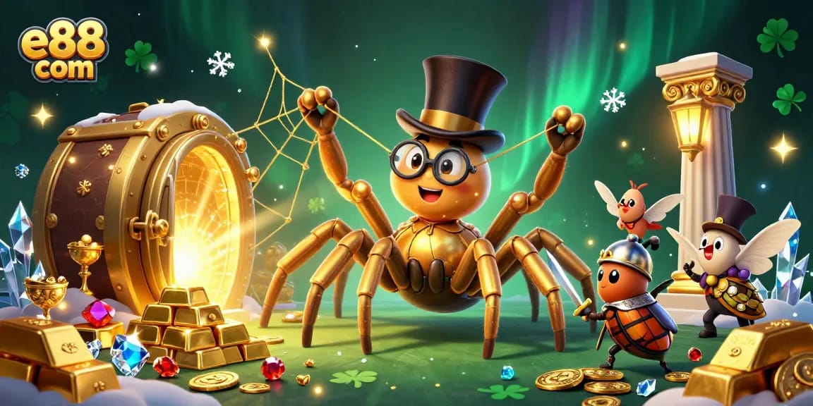 Engage in thrilling gameplay at e88 com, featuring a cartoon casino scene with unique characters.