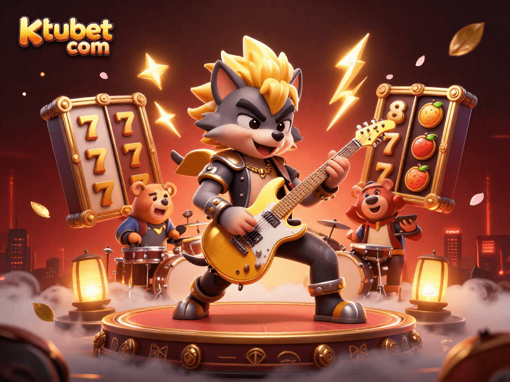 Experience thrilling action at kubet com with vibrant casino-themed illustration featuring a rock star wolf and drummer bear.