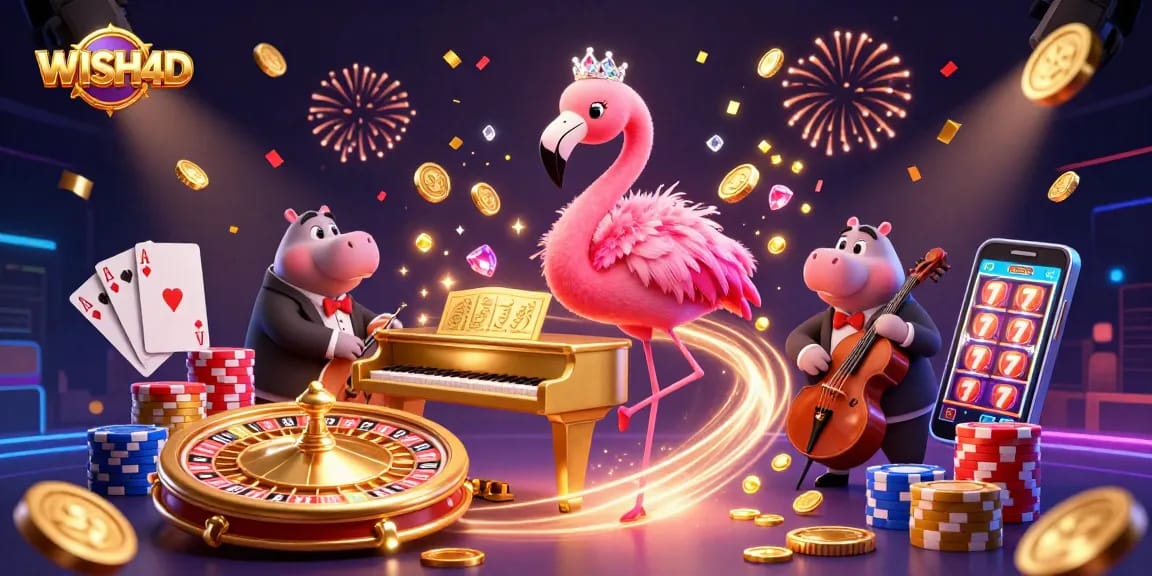 WISH4D showcases a vibrant 3D casino scene with colorful characters and dynamic gaming elements.