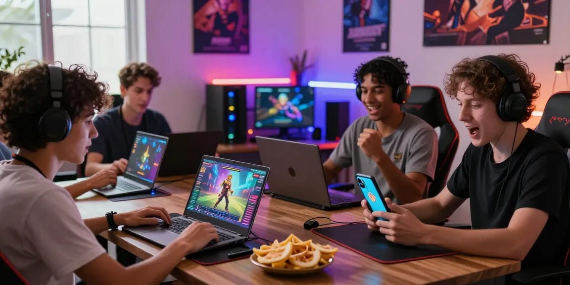 Diverse players enjoying various xxx games on devices in a cozy gaming setup.