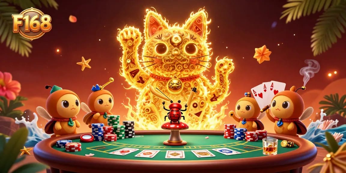 Experience thrilling gameplay with F168, as a golden cat waves amidst poker chips and cards.