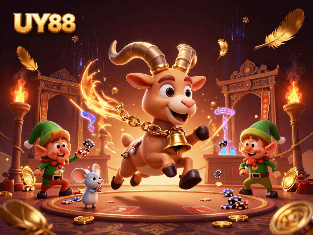 Enjoy thrilling games at UY88 as Krampus oversees festive chaos in a lively casino scene.