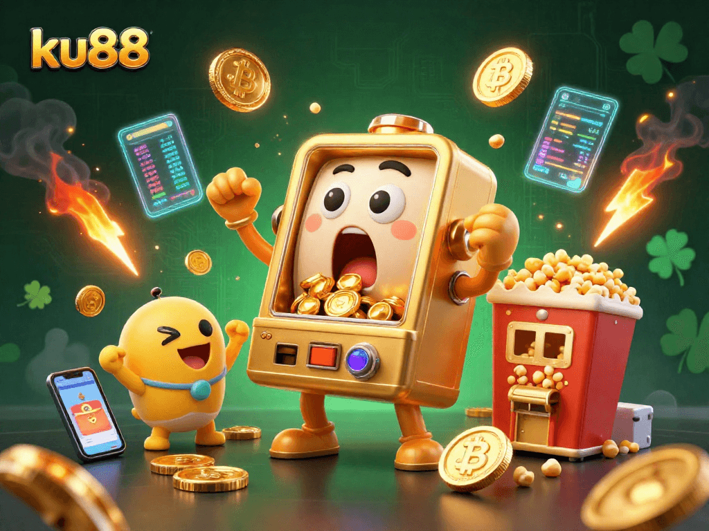 ku88 slot machine celebrates a big win with coins pouring out, surrounded by exciting crypto elements