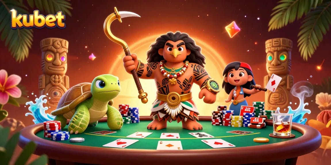 Engage in exciting poker games at kubet with a vibrant 3D tropical casino scene.