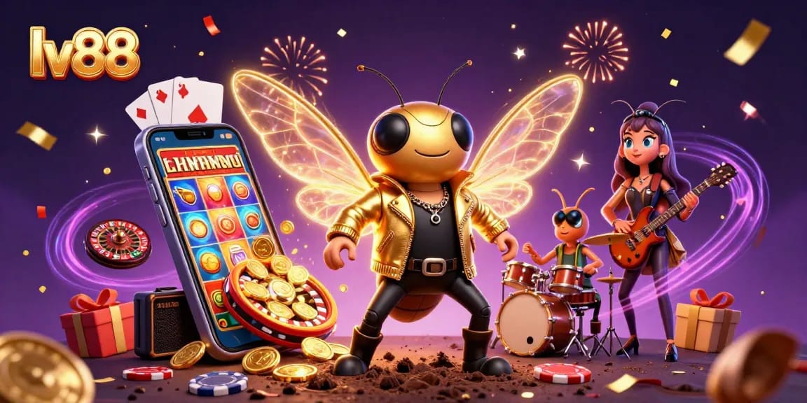 Engage with the lv88 gaming world featuring a cicada rock star, intricate slot games, and dynamic casino elements.