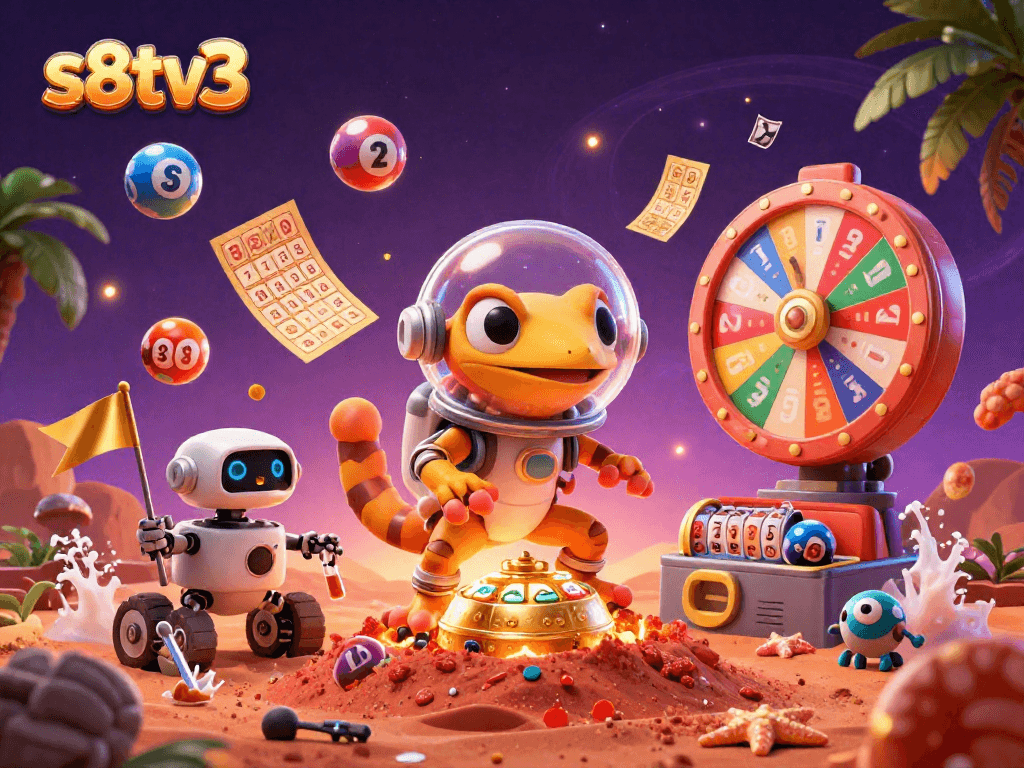 Experience the vibrant excitement of s8tv3 with a Martian gecko discovering a golden casino amidst dynamic lottery elements.