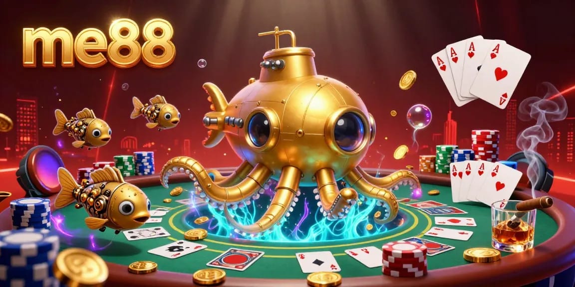 Engage in thrilling online gaming at me88 with vibrant 3D casino illustration of golden kraken and mechanical fish.