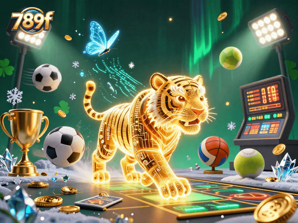 Engage with 789f's dynamic casino scene featuring a neon tiger and sports betting elements.