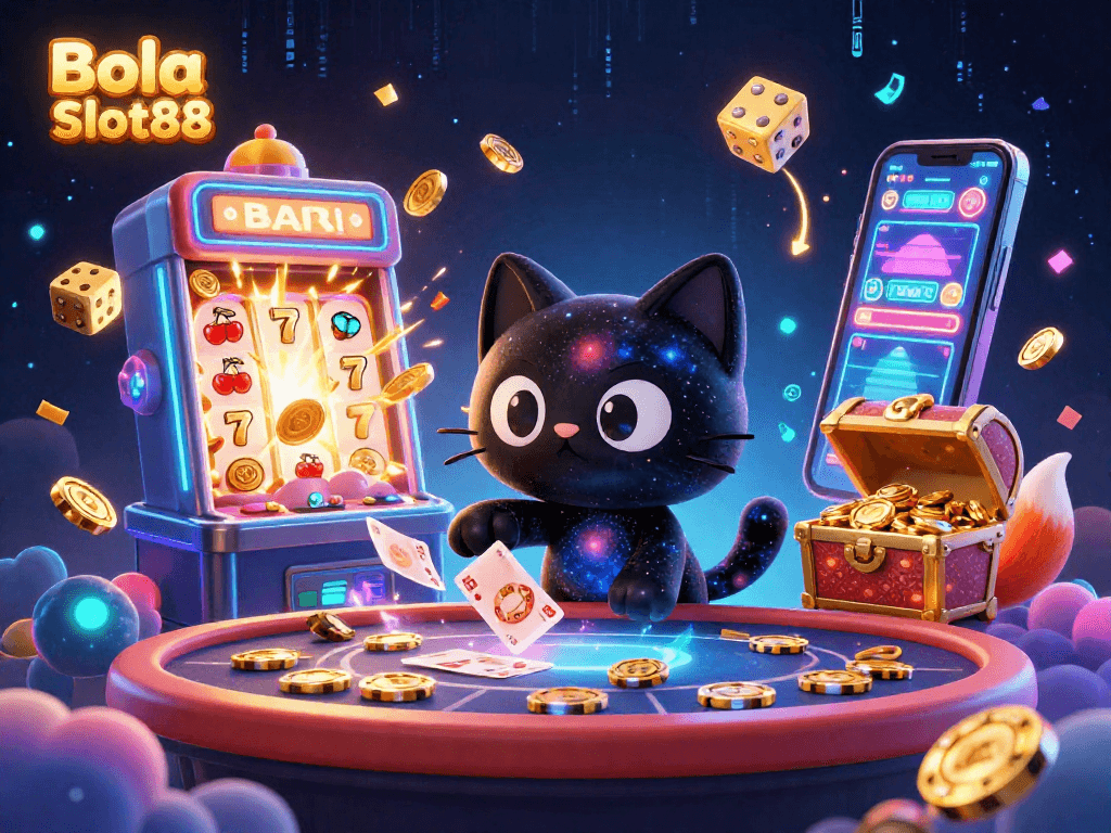 Bola Slot88 immerses players in a vibrant casino atmosphere with a black hole cat and a colorful nebula fox amidst golden chips and dynamic slot elements.