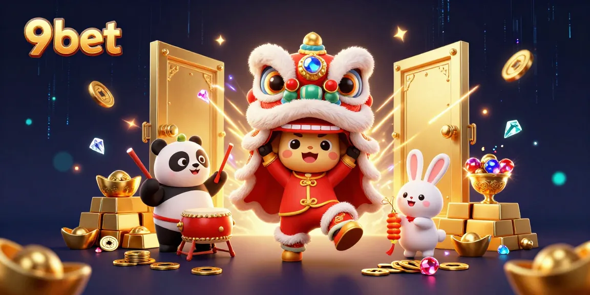 Engage with the vibrant 9 bet gaming scene featuring lion dance characters amidst sparkling treasures.