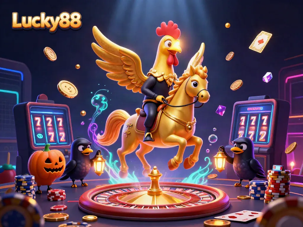 Experience the excitement of Lucky88 with a dynamic casino scene filled with golden coins and sparkling gems.