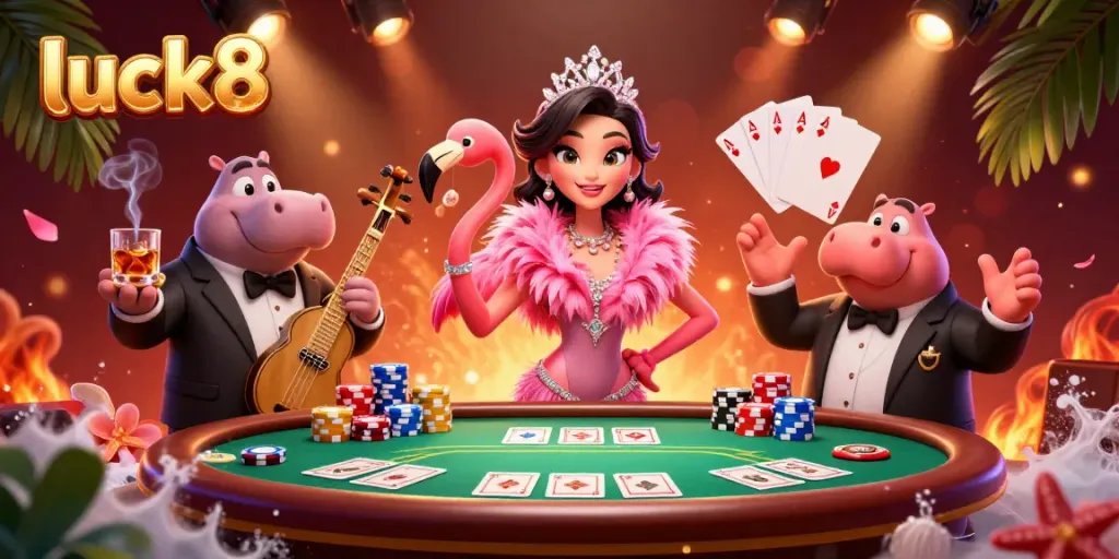 Experience the lively atmosphere of luck8 as cartoon characters engage in a vibrant casino scene.