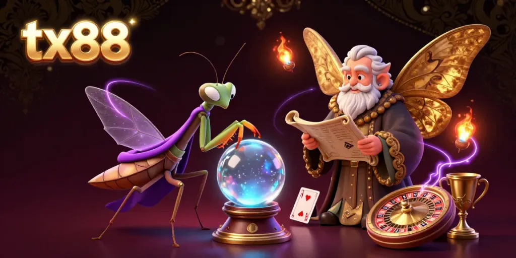 Experience thrilling gaming with tx88 as a whimsical mantis fortune teller and moth librarian guide your bets around a vibrant casino scene.