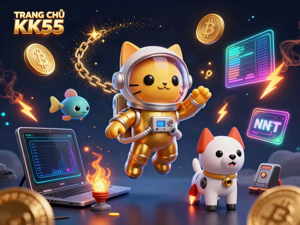 Engage with TRANG CHỦ KK55 in this vibrant 3D illustration featuring a charismatic astronaut cat and a robot dog amidst cosmic elements.