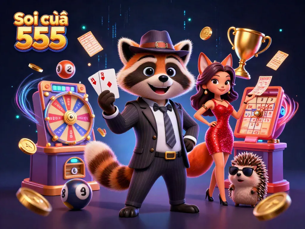 Soi cầu 555 presents a dynamic 3D scene featuring a suave raccoon, a glamorous fox, and a hedgehog bouncer with lottery elements and a luminous backdrop.
