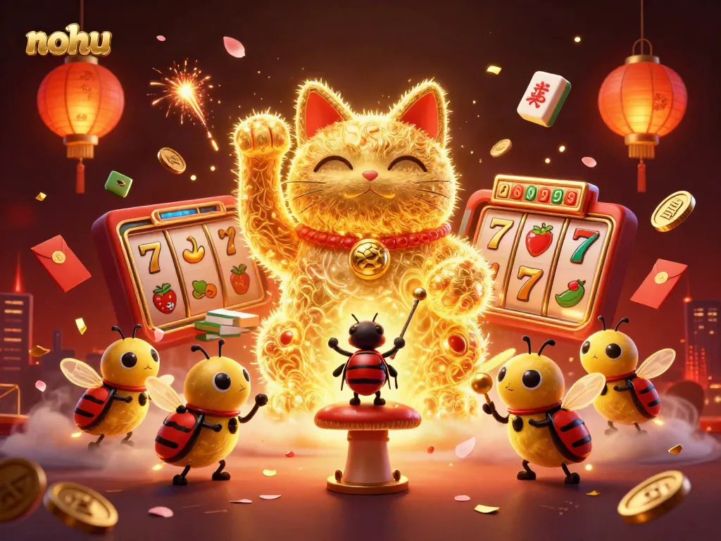 Experience the excitement of nohu with a playful lucky cat made of fireflies surrounded by dazzling casino symbols.