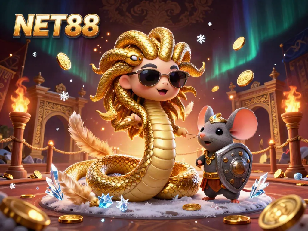 Experience the thrills of NET88 with playful Medusa and warrior mouse in an energetic casino scene.