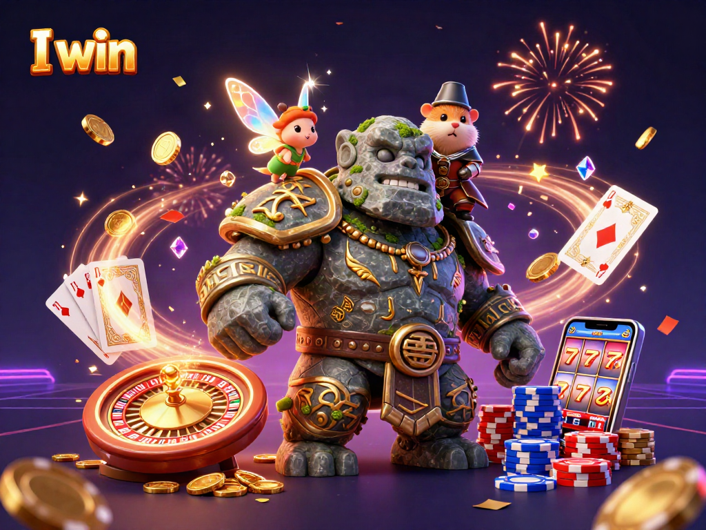 I win in a vibrant casino scene featuring a golem, fairy, and hamster knight celebrating with gems and coins.