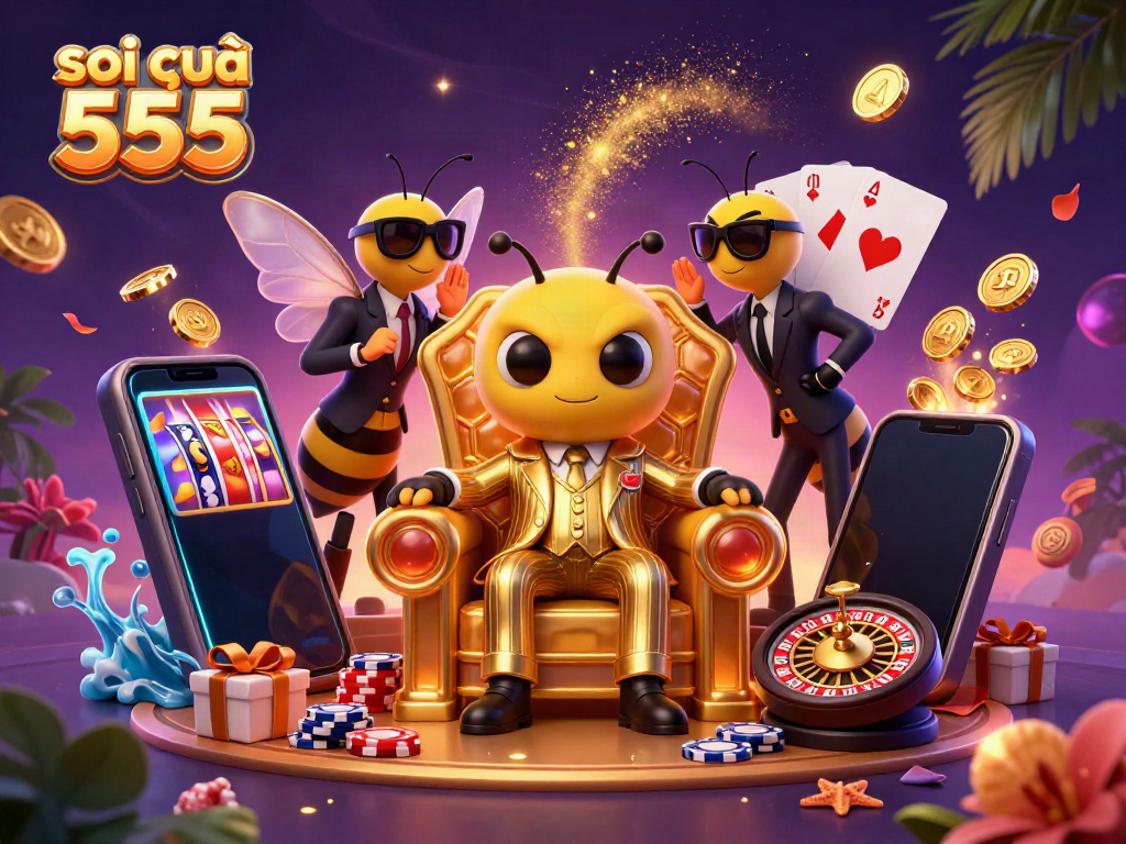 Soi cầu 555 showcases thrilling 3D cartoon characters amidst exciting gambling elements like a slot game and poker cards.