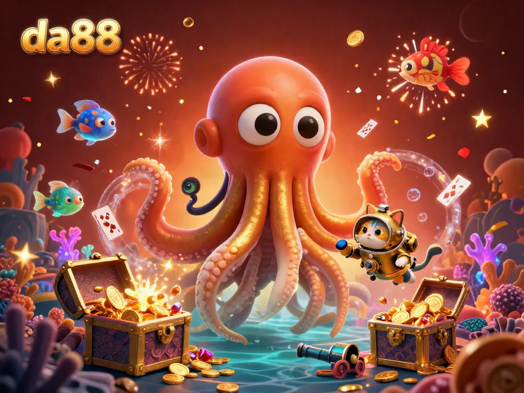 Engage in thrilling gaming action at da88 with a vibrant kraken and diving cat scene.