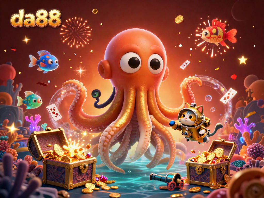 Engage in thrilling gaming action at da88 with a vibrant kraken and diving cat scene.