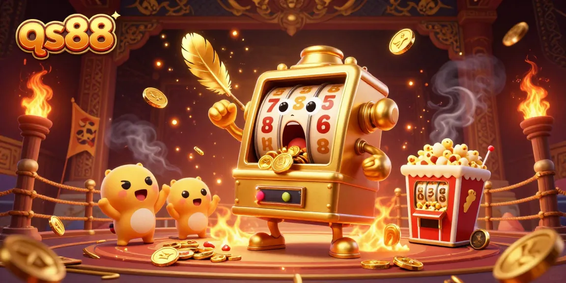 qs88 slot machine hitting jackpot surrounded by cheering characters and gold coins