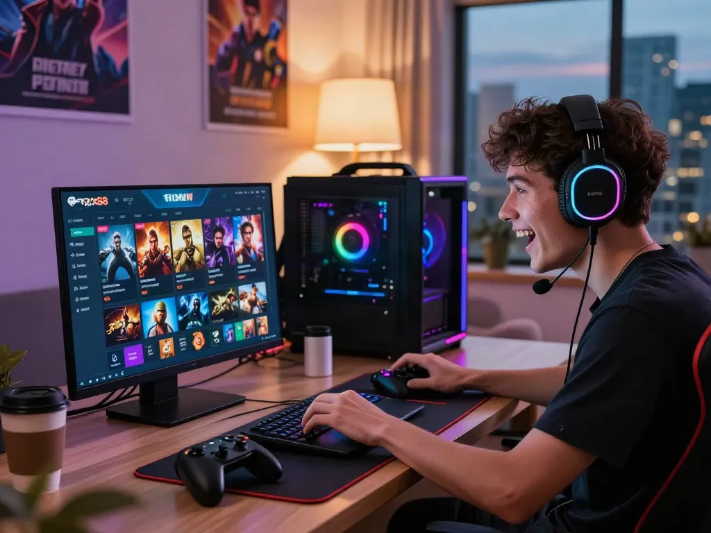 Enthusiastic gamer engaging with the Fox88 gaming interface in a vibrant home setup.