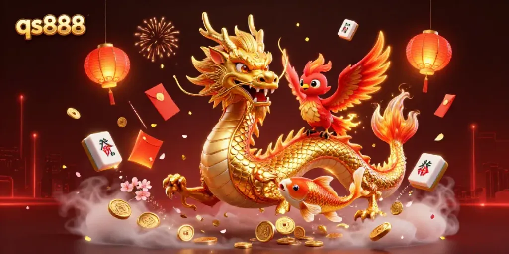 Engage in thrilling gameplay as qs888 offers captivating illustrations with dragons and golden coins.