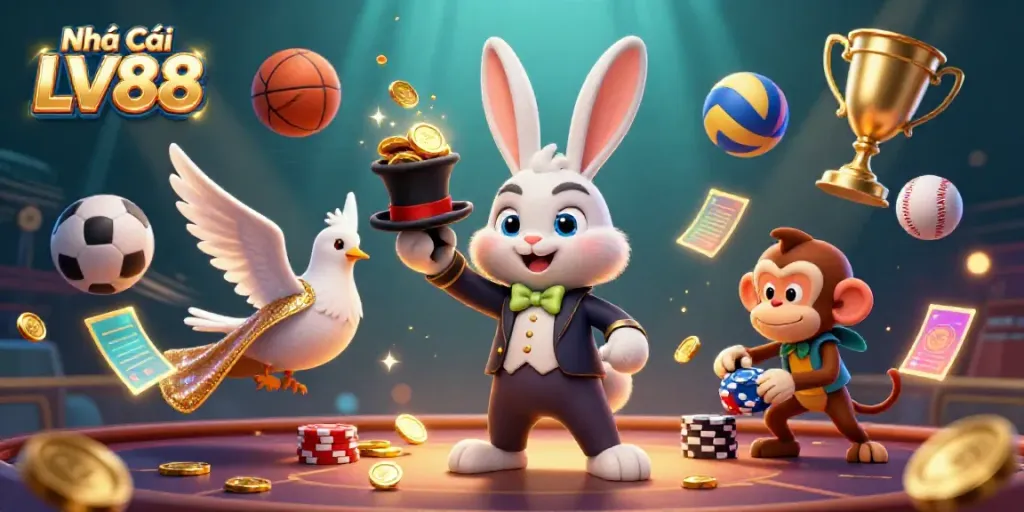 Experience exciting gaming action at Nhà Cái LV88 with a magician rabbit and vibrant casino elements.