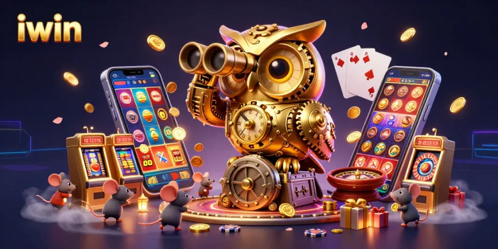 Experience the excitement of iwin as the golden owl oversees a vibrant casino scene filled with games.