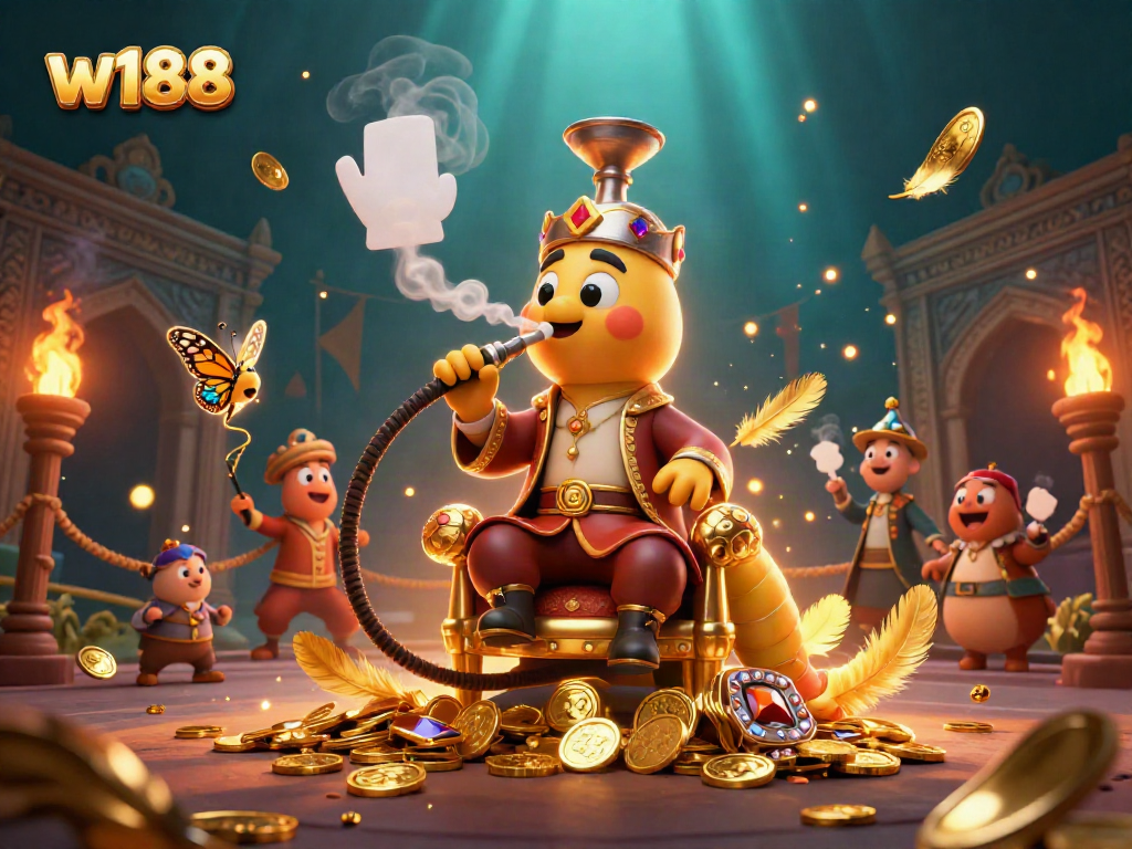 Experience the excitement of w188 with a vibrant 3D illustration featuring a caterpillar master and casino elements.