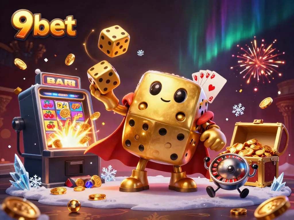Engage with 9bet's thrilling casino experience featuring vibrant characters and dynamic elements in a 3D illustration.