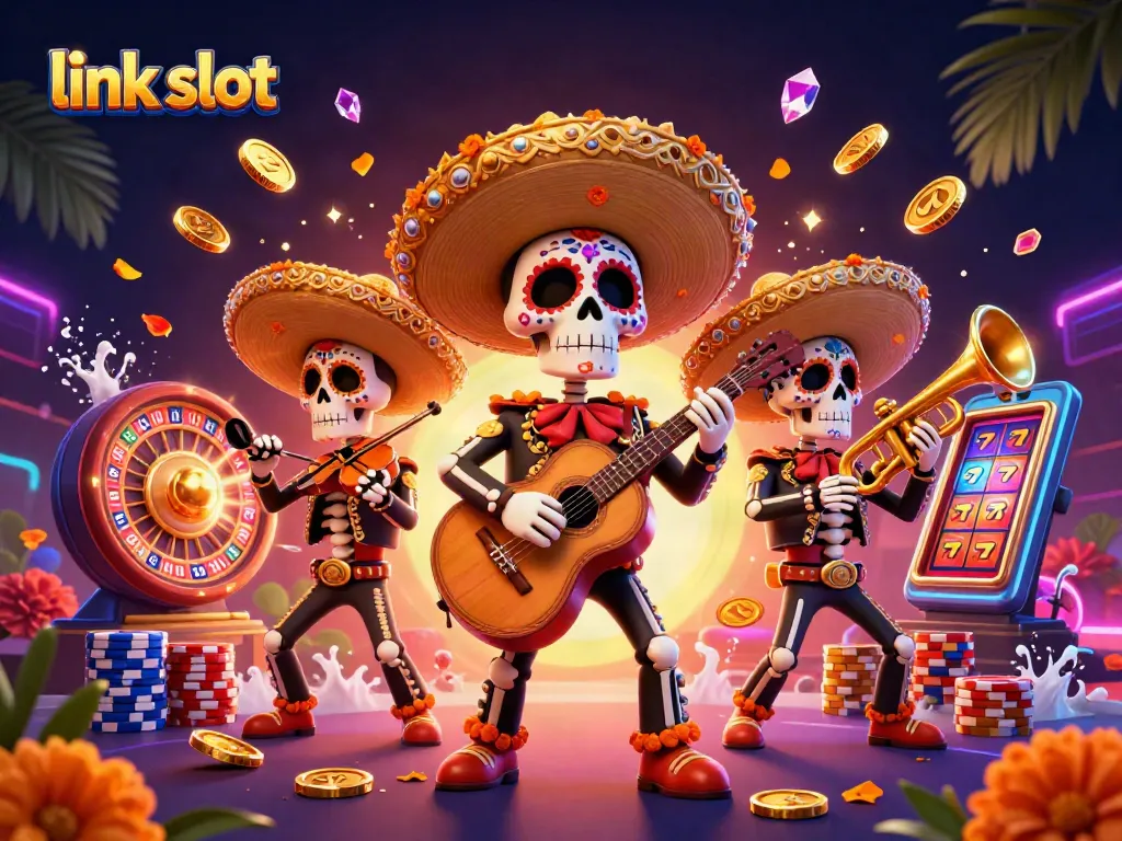 Experience exciting gameplay with link slot featuring colorful mariachis, cascading coins, and vibrant slot reels.