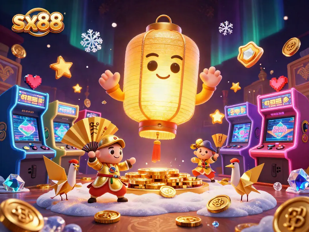 Sx88 lantern spirit shines above a vibrant casino night market with gaming machines and lucky symbols.