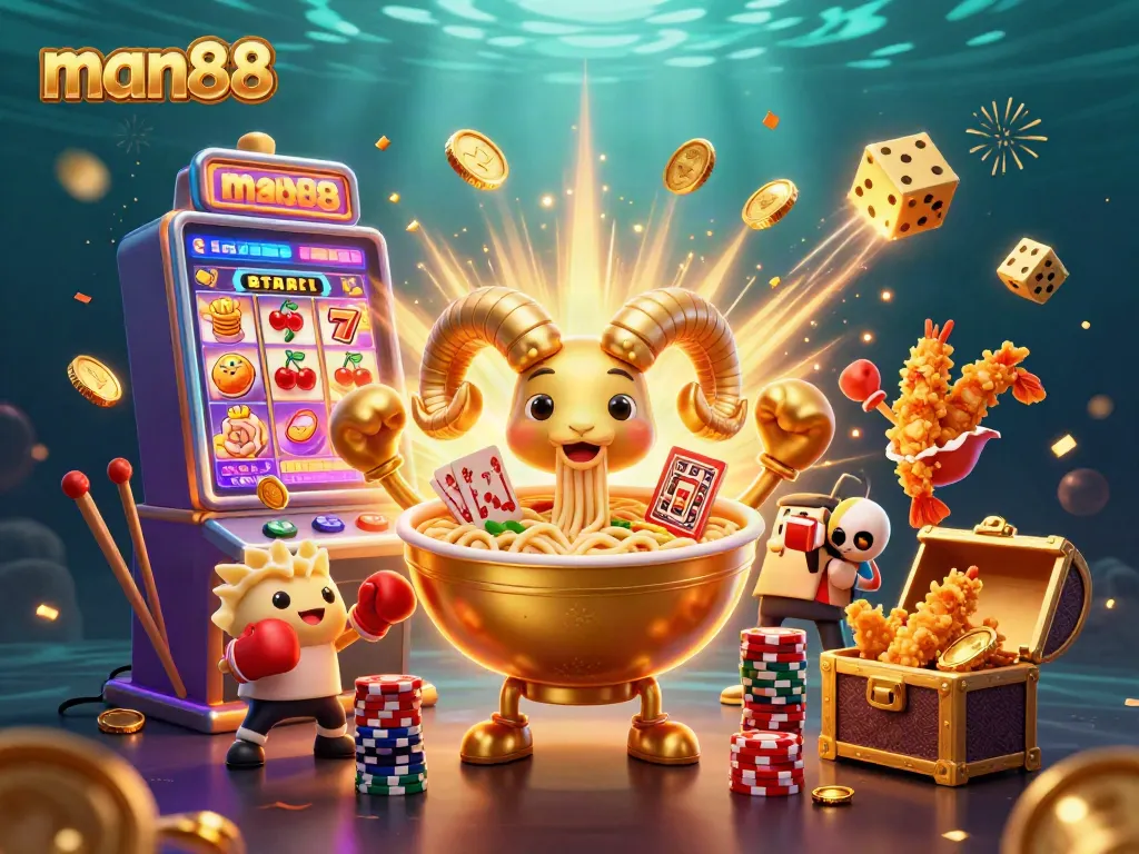 Spin to win at man88 with an animated casino scene featuring a golden ramen bowl and colorful slot elements.