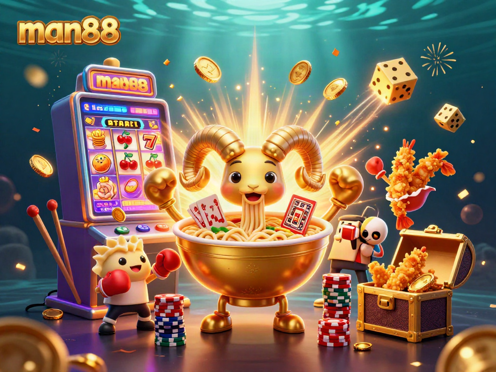 Spin to win at man88 with an animated casino scene featuring a golden ramen bowl and colorful slot elements.