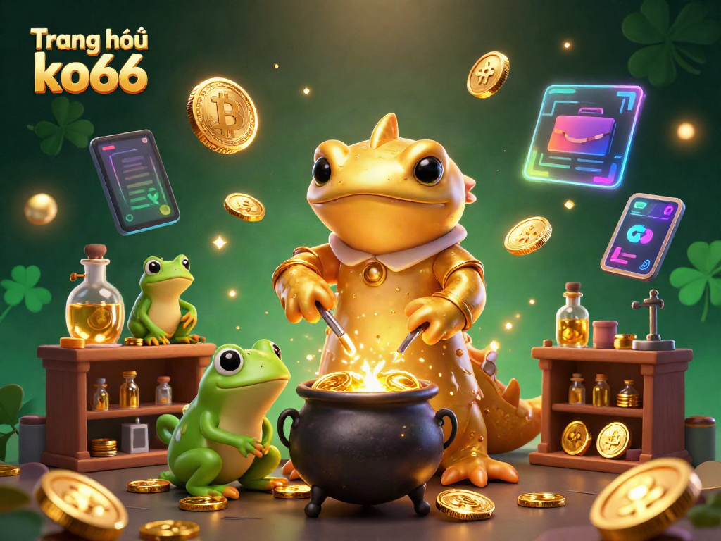 Experience thrilling gaming at Trang chủ ko66 with golden alchemists and vibrant cryptocurrency elements in a magical laboratory.
