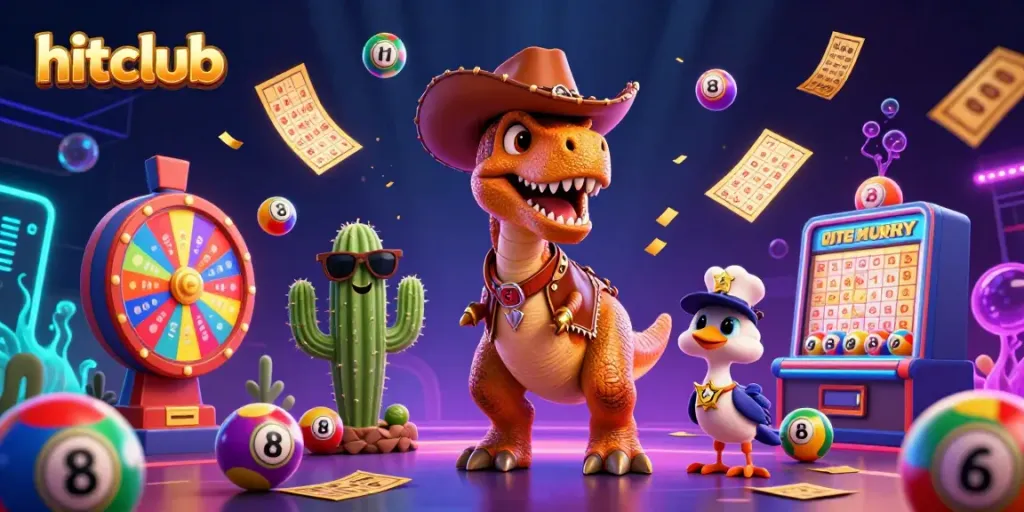 Experience exhilarating fun with hitclub's colorful lottery dynamics featuring a cowboy dinosaur and friends.